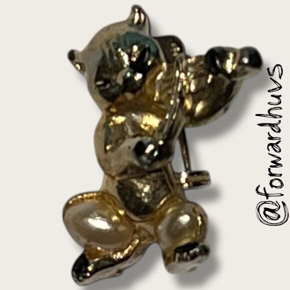 Vintage Gold-Tone Fiddle-Playing Cat Brooch - Picture 8 of 10